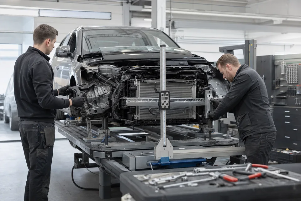 Automobilio konstrukcija atstatoma ant profesionalaus kėbulo stendo