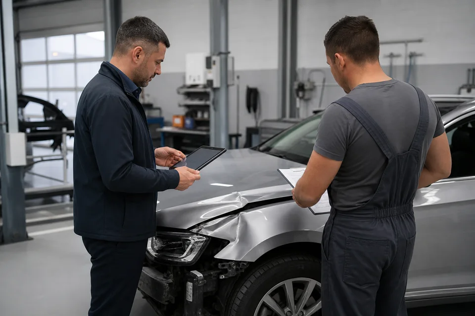 Specialistai vertina automobilio žalą po draudimo įvykio