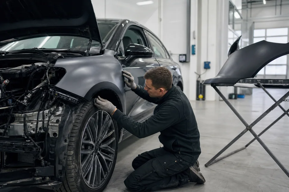 Specialistas priderina naują automobilio kėbulo detalę