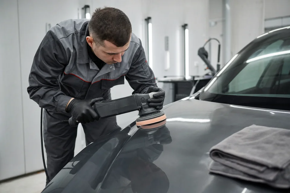 Specialistas poliruoja šviežiai nudažytą automobilio paviršių
