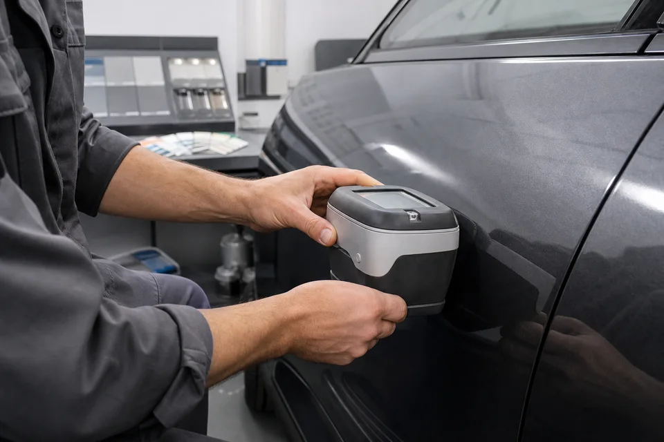Automobilio dažų atspalvis matuojamas kompiuteriniu spektrofotometru